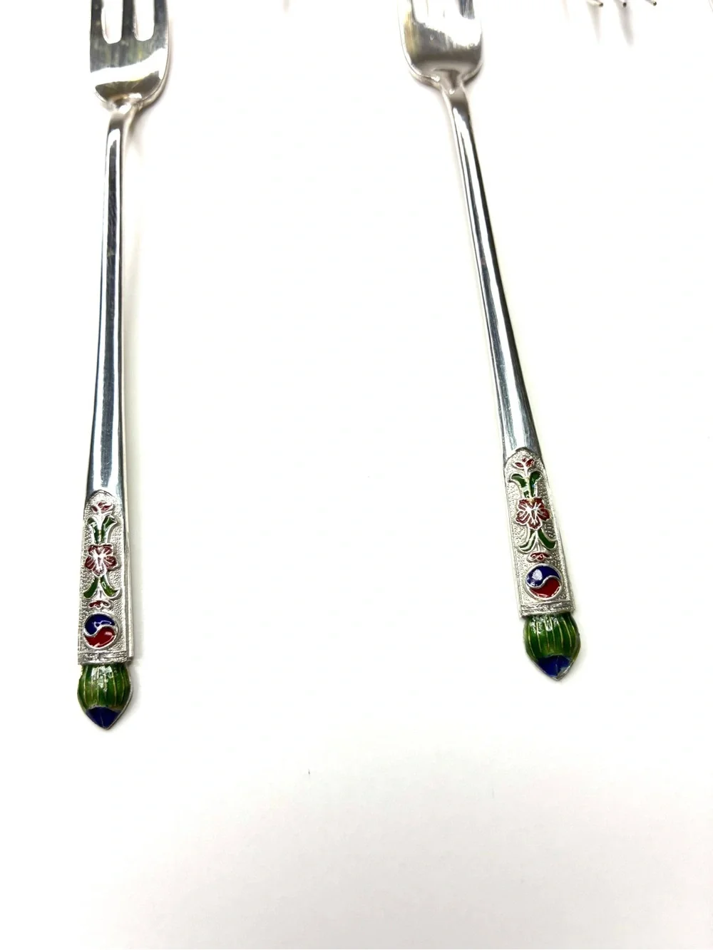 Vintage Korean Ag 700 Silver Enamel Chilbo Teatime Fruit Forks Set of 6